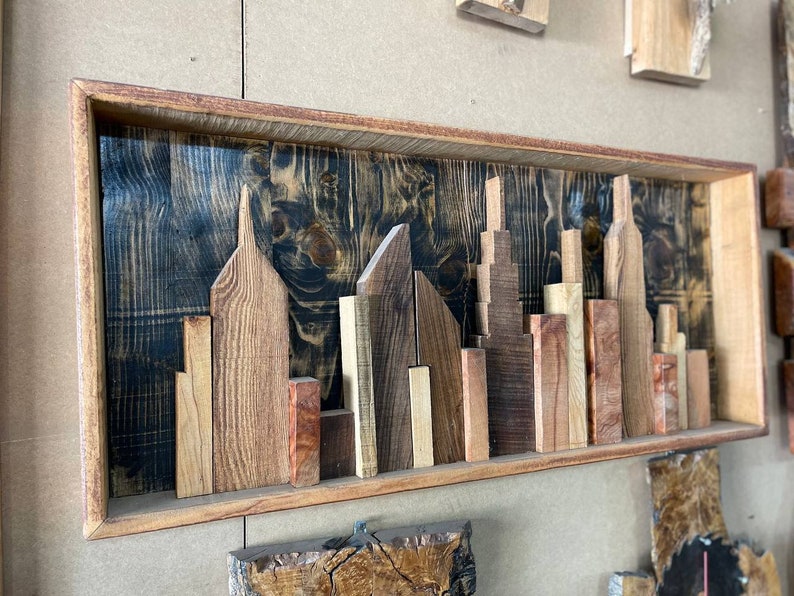 Cityscape 3D Wooden Plaque Cityscape Carved On Wood Panel Cityscape Sign Wall Hanging Decor Wood Carved Deocr for Indie Room Decor image 3