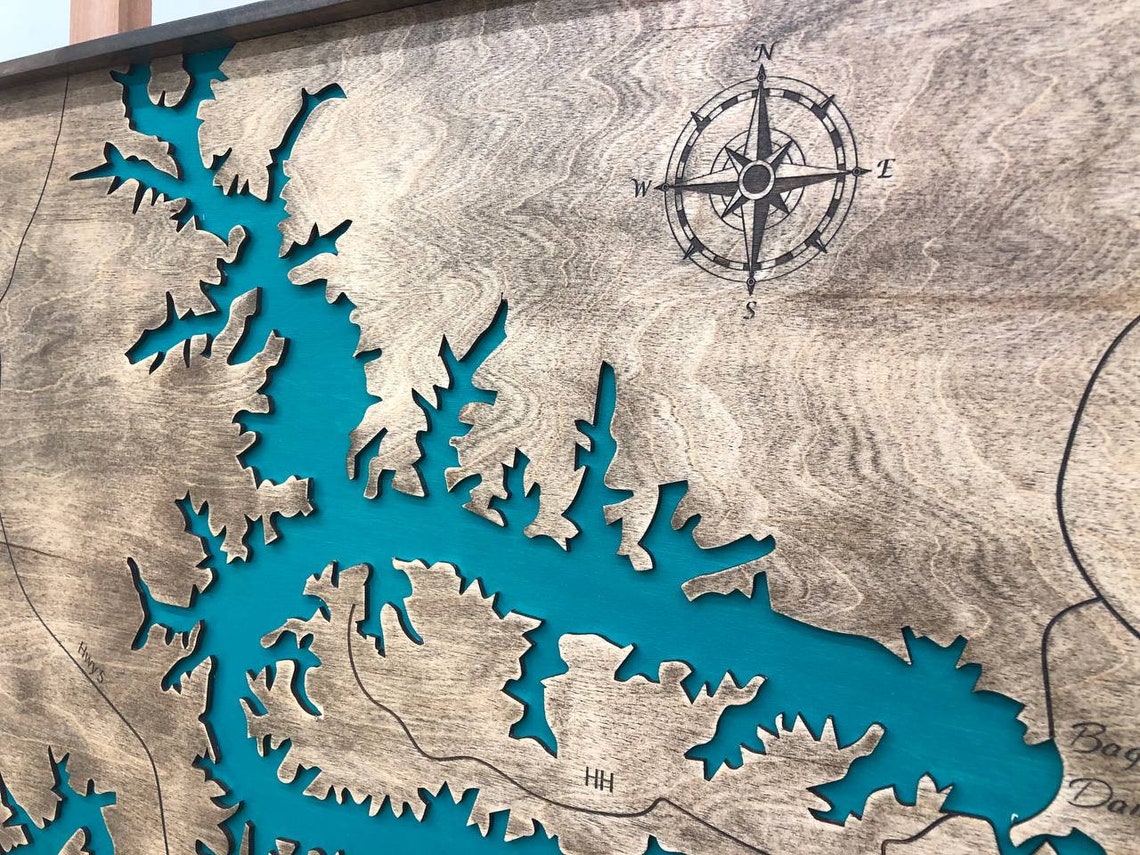 Home Decor Lake Wooden Map Engraved Wood Map Wall Decor Wood Etsy