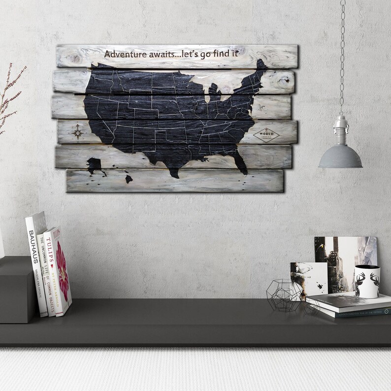 Wooden USA Map Wall Art Black and White US Map Print on Wood Etsy