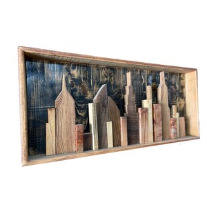 Cityscape 3D Wooden Plaque Cityscape Carved On Wood Panel Cityscape Sign Wall Hanging Decor Wood Carved Deocr for Indie Room Decor image 1