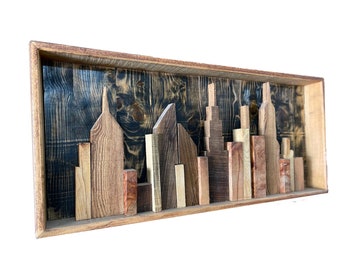 Cityscape 3D Wooden Plaque Cityscape Carved On Wood Panel Cityscape Sign Wall Hanging Decor Wood Carved Deocr for Indie Room Decor