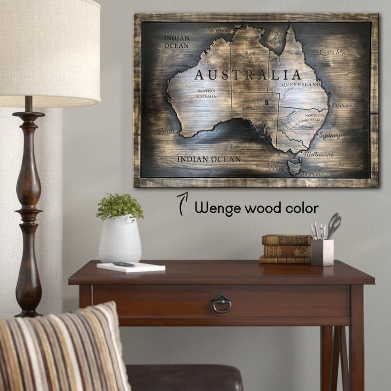 Australia Wooden Map Engraved Wood Map Wall Decor Wood Wall Etsy