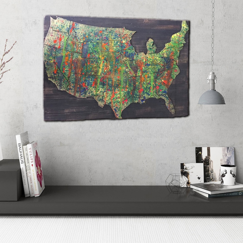 Colorful America Wooden Map United States Map Wall Art Decor Etsy