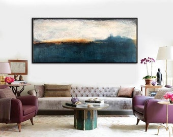Large Framed Art Landscape Painting On Canvas Abstract Sunset Wall Art Blue Painting Modern Wall Art Acrylic Painting For Living Room Decor
