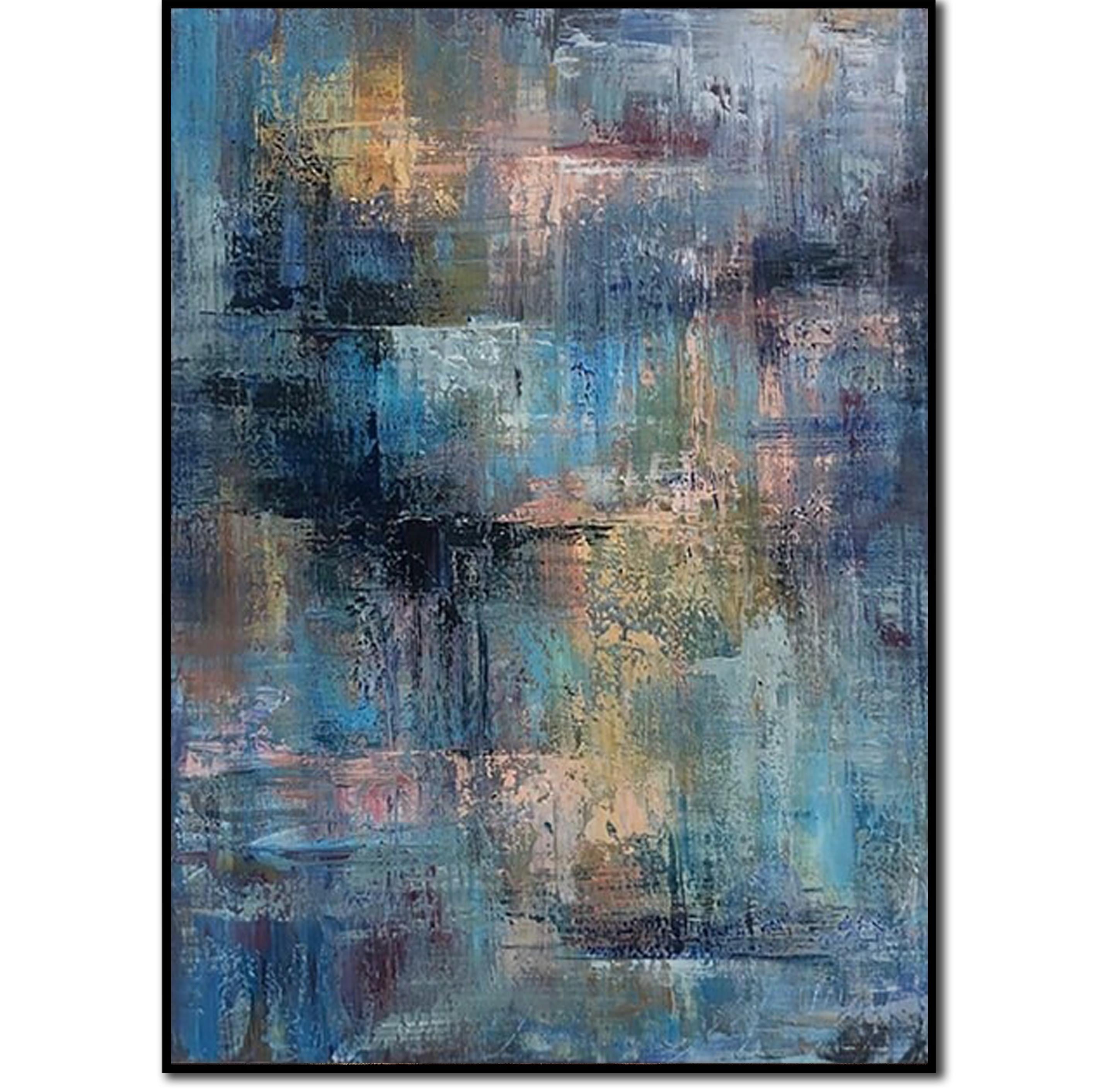 青と金の抽象画 - モダンなインテリアのための質感のある高級油絵