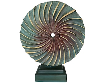 20x16" Creative Round Wood Sculpture Hand Carved Modern Sculpture Ribbed Desktop Art Original Table Figurine OCEAN VORTEX