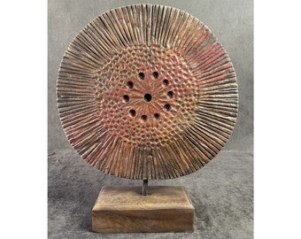 16,7x13,8" originele ronde houten beeldje creatieve cirkel met abstracte gaten moderne houten sculptuur voor tafel decor LAATSTE TOTEM