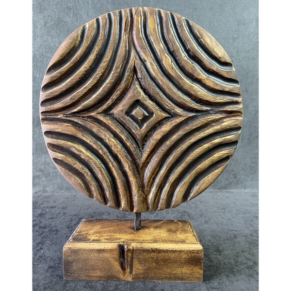 15.7x12.4" Original Round Wood Sculpture Original Hand Carved Home Decor Abstract Modern Desktop Art HYPNOTISM