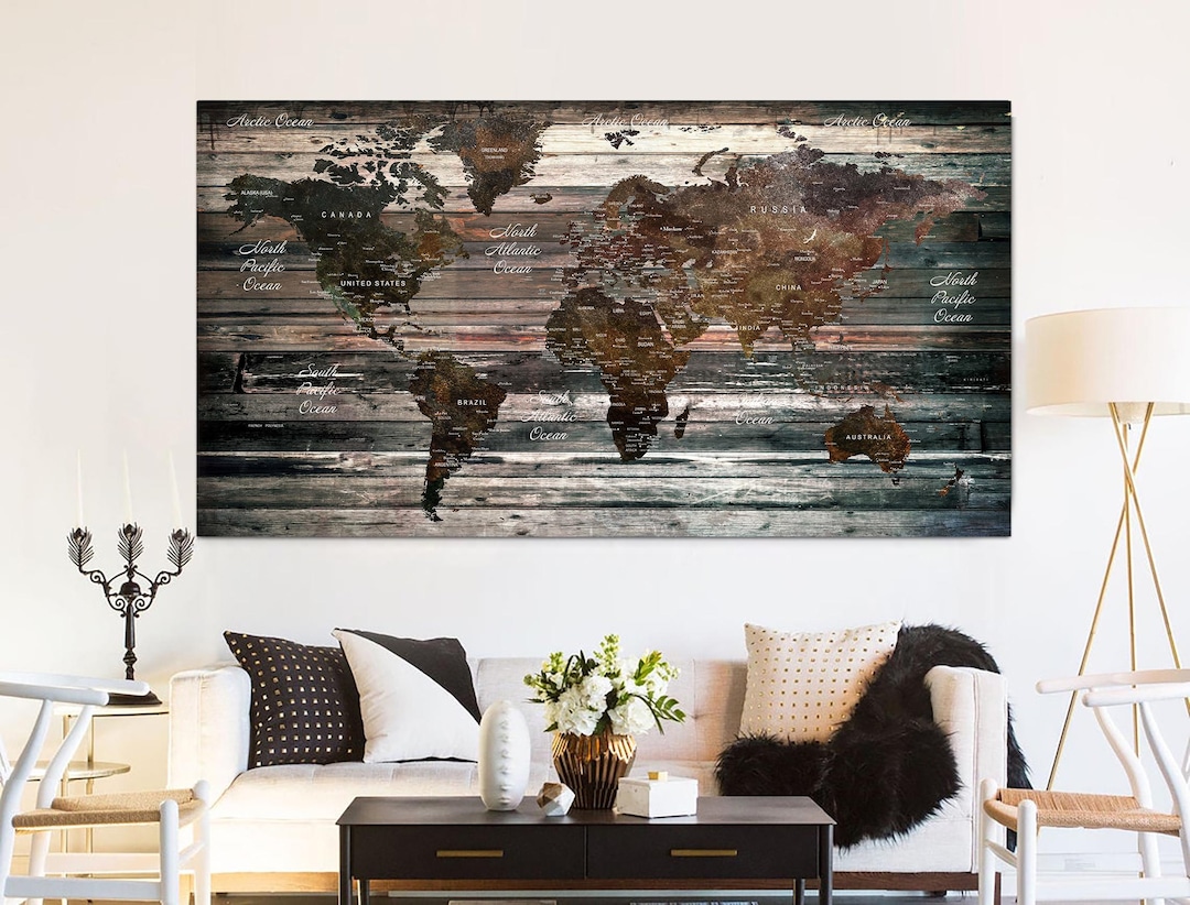Rustic World Map Canvas Wall Art Large Vintage Wooden Map Multi Panel ...