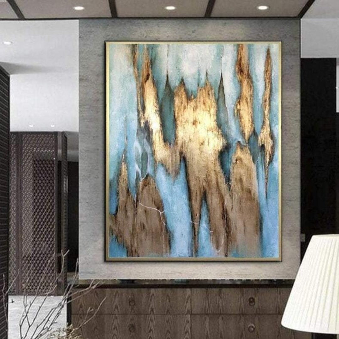 Large Abstract Light Blue Paintings on Canvas Modern Gold Leaf Wall Art