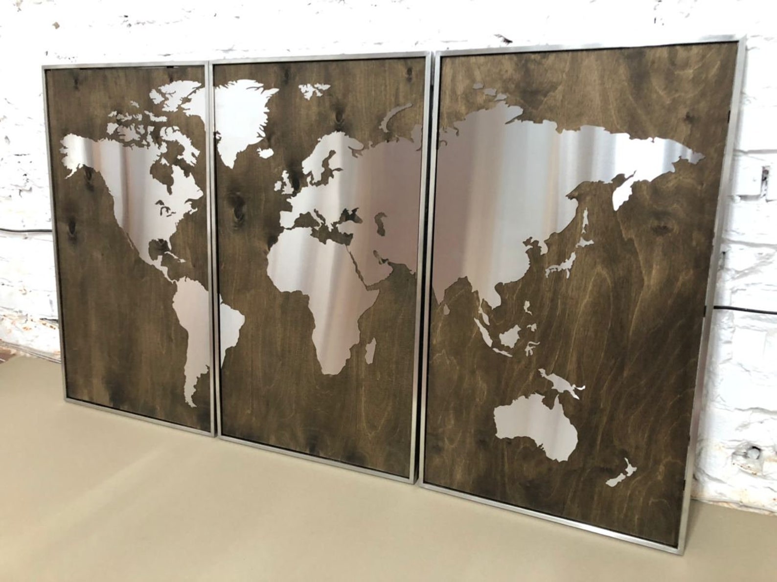 Framed Multi Panel Metal World Map Stainless Steel World Map Etsy