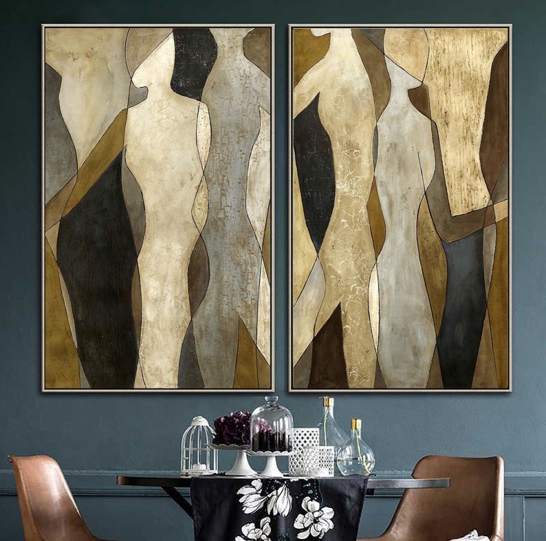 Large Abstract Figurative Diptych Paintings On Canvas Modern Fashion Gold Leaf Art Original Set Of 2 Paintings for Living Room Decor image 2