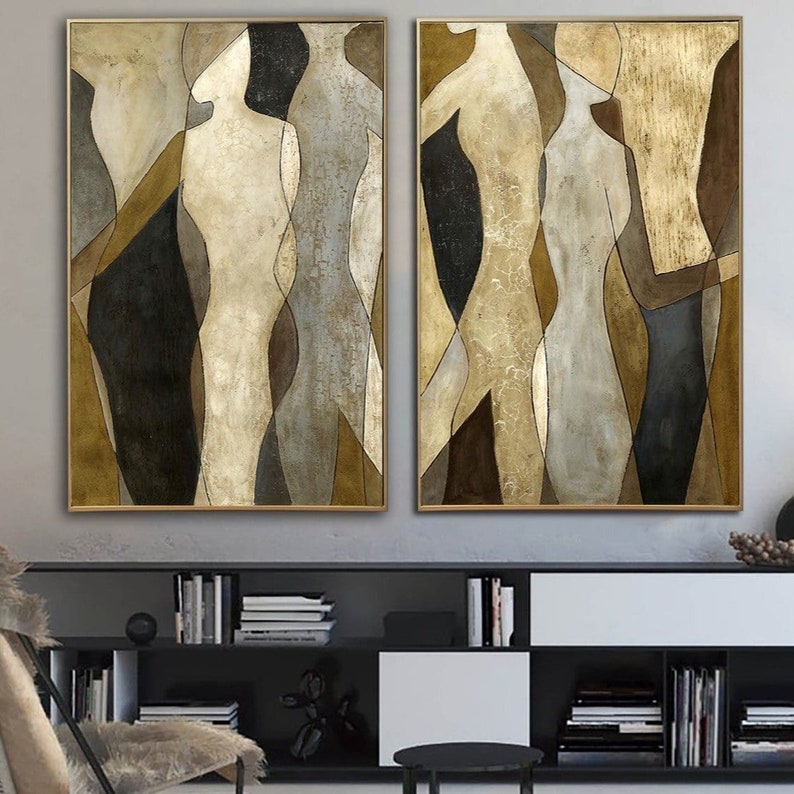 Large Abstract Figurative Diptych Paintings On Canvas Modern Fashion Gold Leaf Art Original Set Of 2 Paintings for Living Room Decor image 3