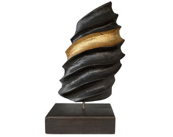 Black and Gold Sculpture Screw Art Sculptural Elegance Sculptural Beauty Sculpted Wood Desktop Art for Room GOLDEN RATIO 15.8x10.3"