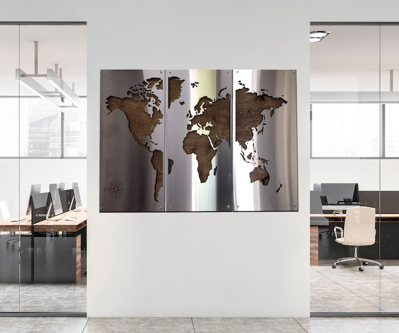 Multi Panel Metal World Map Stainless Steel World Map Office Etsy