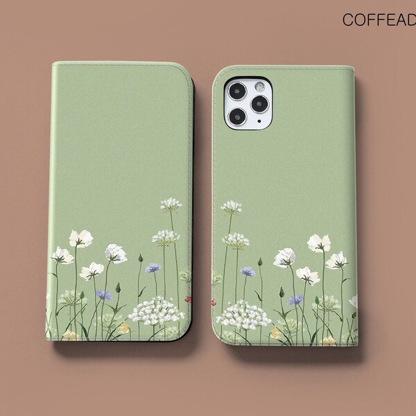 Floral green wallet flip case for iPhone 14 13 12 pro max Samsung S22 S21 Ultra S20 FE A52 A32 A51 A71 5g Google Pixel 6 6a 5 4a cfdw14