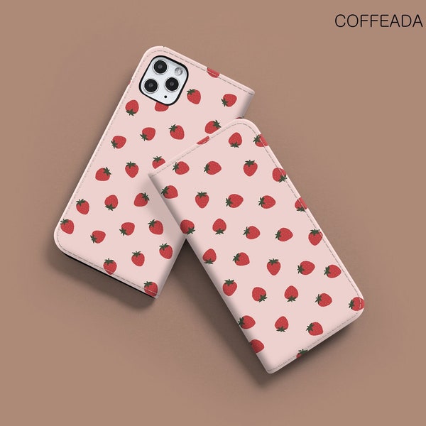 Étui portefeuille à rabat fraises pour iPhone 14 13 12 pro max Samsung S22 S21 Ultra S20 FE A52 A32 A51 A71 5g Google Pixel 6 6a 5 4a cfdw34