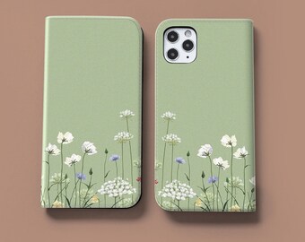 Floral green wallet flip case for iPhone 14 13 12 pro max Samsung S22 S21 Ultra S20 FE A52 A32 A51 A71 5g Google Pixel 6 6a 5 4a cfdw14