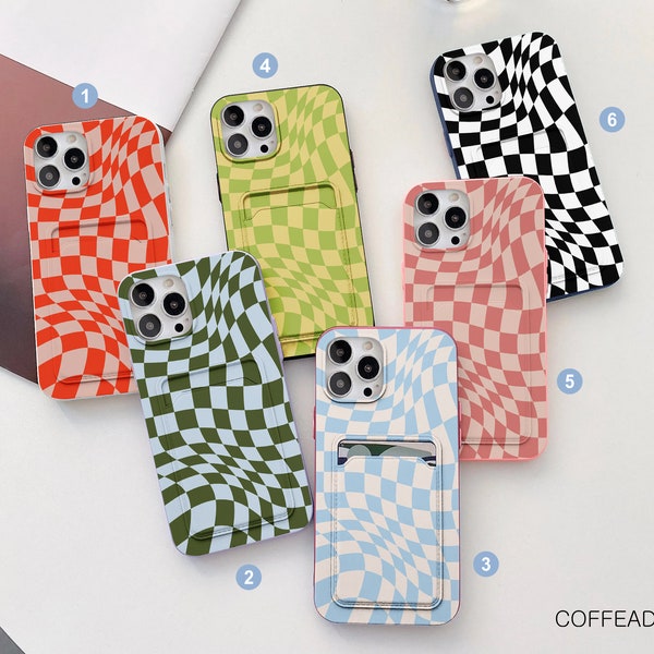 Wavy checkered card pocket case iPhone 15 14 13 Pro Max iPhone 11 Pro iPhone 12 Mini iPhone XR XS Max iPhone 8 7 Plus iPhone SE 2020 cfd159