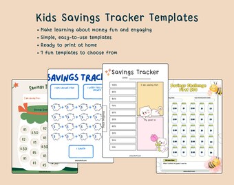 Puede incluir: Cuatro plantillas de seguimiento de ahorros imprimibles para niños. Las plantillas presentan diferentes temas, que incluyen una alcancía, un gato y un frasco. El texto en las plantillas incluye "Seguimiento de ahorros", "Estoy ahorrando para", "Necesito este dinero", "Desafío de ahorros Primeros 20 €" y "Fecha de logro de la meta".