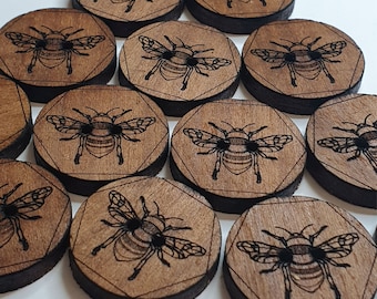 8 Laser Engraved Bumble Bee Wooden Buttons 25mm Round Sewing Knitting Craft Supplies