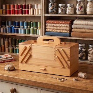 May include: A light-coloured wooden sewing box with a cantilevered tiered design, a central handle, and a bottom drawer. The box features visible finger joints at the corners and is positioned on a wooden surface with a pincushion and scissors.