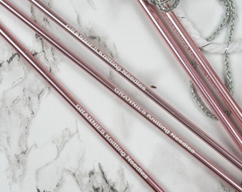 Knitters Love a Set of 3 pairs Personalised Rose Gold Knitting Needles , lasered with your message. Mothers Day, Birthday Leaving Present.