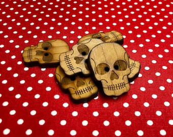 6 large Skull shaped wooden buttons laser cut handmade