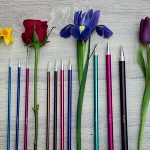 Pu&ograve; includere: Un set di 10 ferri da maglia di vari colori e dimensioni, che vanno da 3,5 mm a 10,0 mm, disposti accanto a fiori, tra cui un narciso giallo, una rosa rossa, un iris viola e un tulipano viola.
