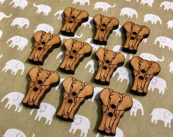 10 Elephant shaped wooden buttons laser cut handmade