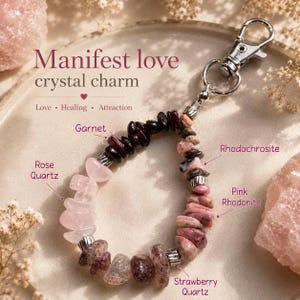 Manifest Love Crystal Charm,Rose Quartz Bag Charm,Self Love Gift,Romantic Crystal Keychain,Meaningful Gift for Her, wedding gift,bridal gift