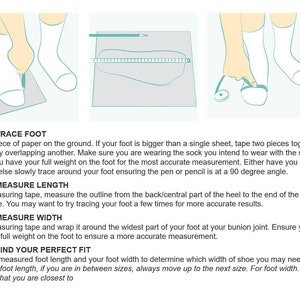 May include: Diagram illustrating how to measure feet for shoe sizing. Steps include tracing the foot, measuring length and width with a measuring tape, and finding the perfect fit. Text instructions accompany each step, offering guidance for accurate measurements.