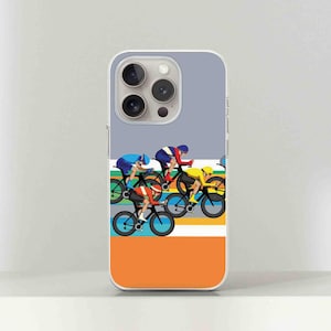 May include: A phone case featuring a colourful illustration of cyclists racing on a striped background. The case has a clear back and a white border.