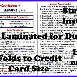 May include: A white, laminated, foldable quick-reference card for the Baofeng UV-5R radio. The card features black text detailing memory programming steps, basic functions, and a symbol key, providing clear instructions on both sides of the card.