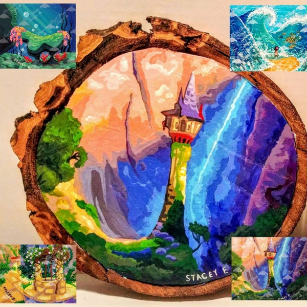 Disney Wood Round or Art Print: Tangled/Rapunzel, Little Mermaid/Ariel, Moana/Finding Nemo, Snow White (Pick One)