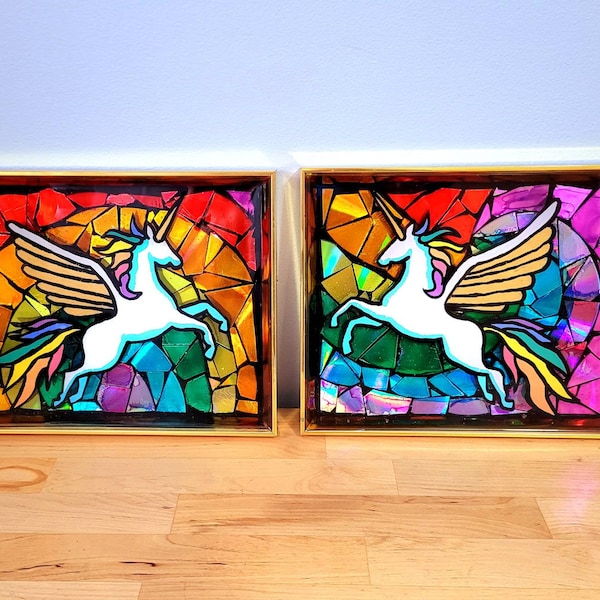 Unicorn Rainbow-Reflective, Framed, Resin, Recycled Disc Mosaic, Art (Pick One)