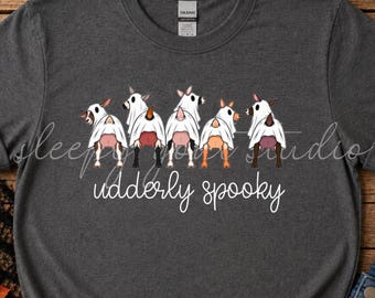 Udderly Spooky Halloween Goat T-Shirt, Sweatshirt, Hoodie; Funny Halloween Tees, Dairy Goat Halloween Shirt, Dairy Goat Accessories