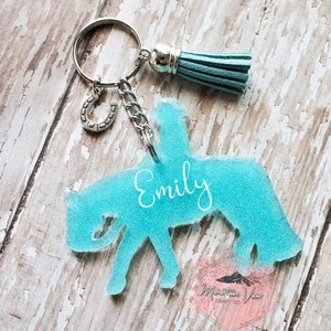 May include: A turquoise blue acrylic keychain shaped like a horse rider with the name "Emily" written on the horse's side. The keychain has a silver horseshoe charm, a silver tassel, and a silver key ring.