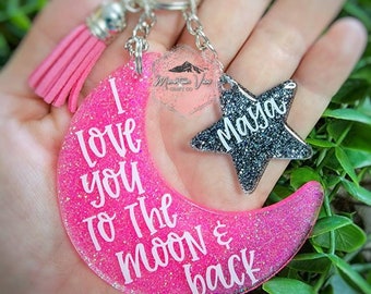 I love you to the moon and back glitter keychain set, personalized mama keychain set, new mom gift, personalized mother's day gift