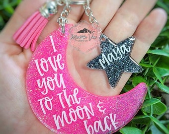 I love you to the moon and back glitter keychain set, personalized mama keychain set, new mom gift, personalized mother&#39;s day gift