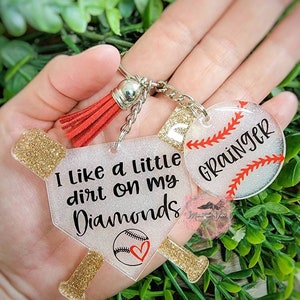 I Like a Little Dirt on my Diamonds keychain set with mini baseballs, baseball mom keychain set, baseball accessories, personalized baseball