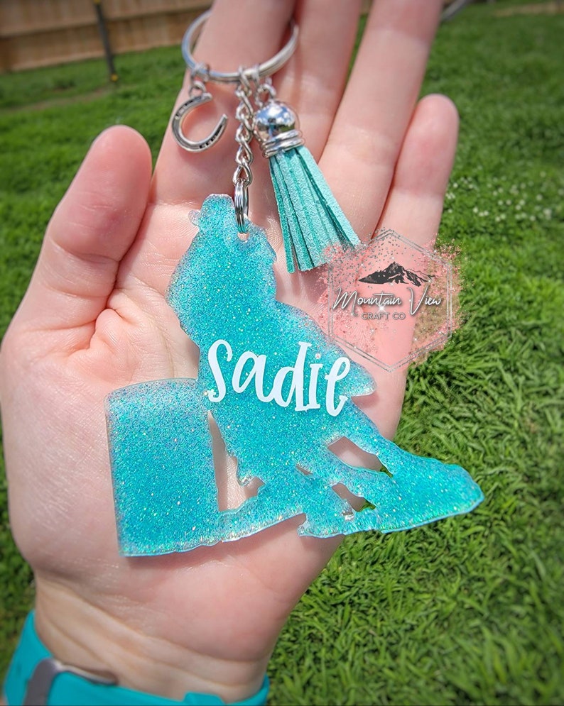 Customizable Barrel Racing Horse Glitter keychain, personalized barrel racing horse keychain, western riding gift, horse showing gifts image 3