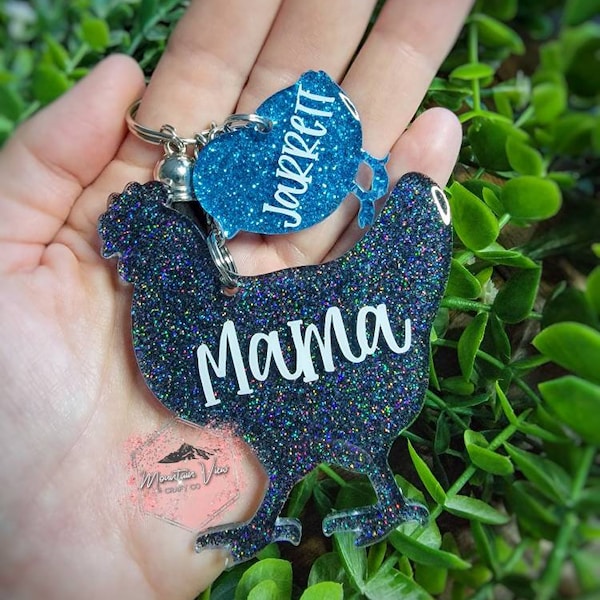 Customizable mama chicken with baby chicks keychain set, personalized chicken keychain, custom chicken gifts, personalized mother's day gift