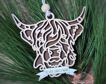 Personalized Line Art Highland Cow Christmas Ornament, Personalized Highland Cow Ornament, Livestock Ornament, Personalized Cow Gifts