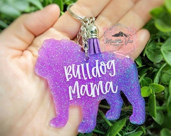 Customizable bulldog keychain, personalized bulldog keychain, bulldog mama keychain, bulldog mama, glitter keychain, bulldog gifts