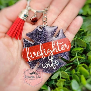 Firefighter Wife Thin Red Line Glitter Keychain, firefighter wife keychain, thin red line keychain, fire wife gifts, maltese cross