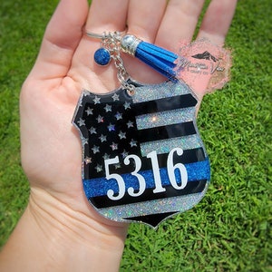 Personalized Thin Blue Line Glitter Keychain, police badge keychain, police keychain, thin blue line gifts, police gifts, police wife