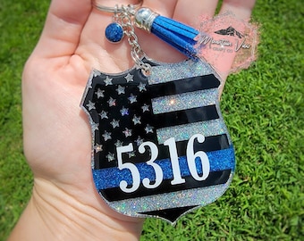 Personalized Thin Blue Line Glitter Keychain, police badge keychain, police keychain, thin blue line gifts, police gifts, police wife