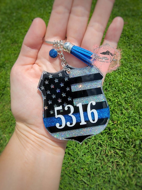 Personalized Thin Blue Line Glitter Keychain, Police Badge