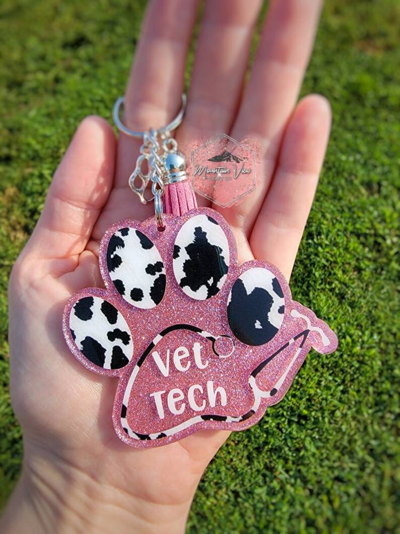 Customizable Vet Tech Glitter Keychain Paw Print Keychain Etsy
